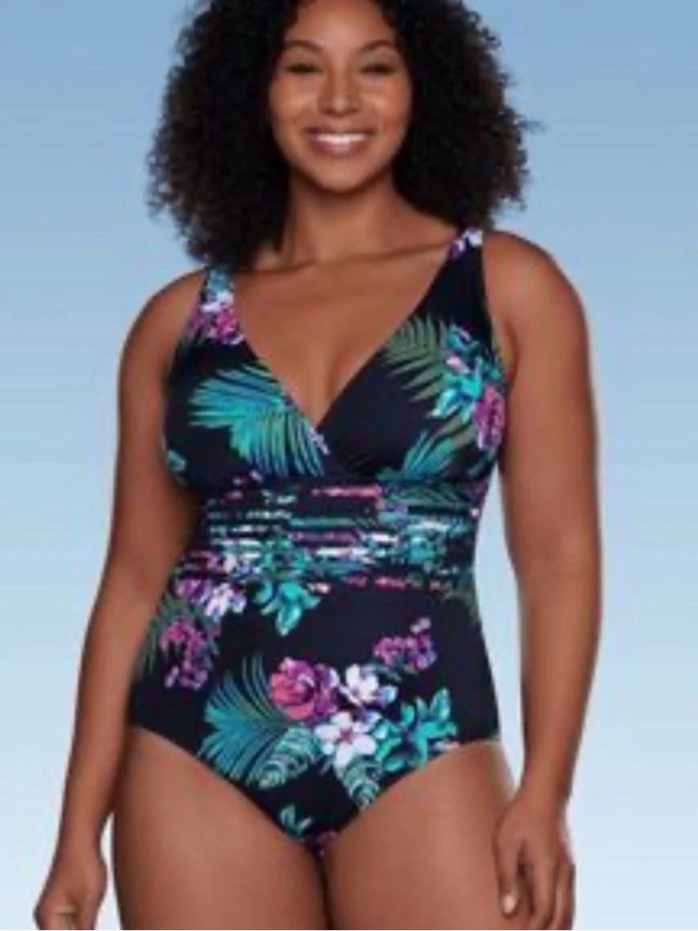 Aqua Green Women's Size Small One Piece Tropical Swimsuit VNeck Multi Floral F23